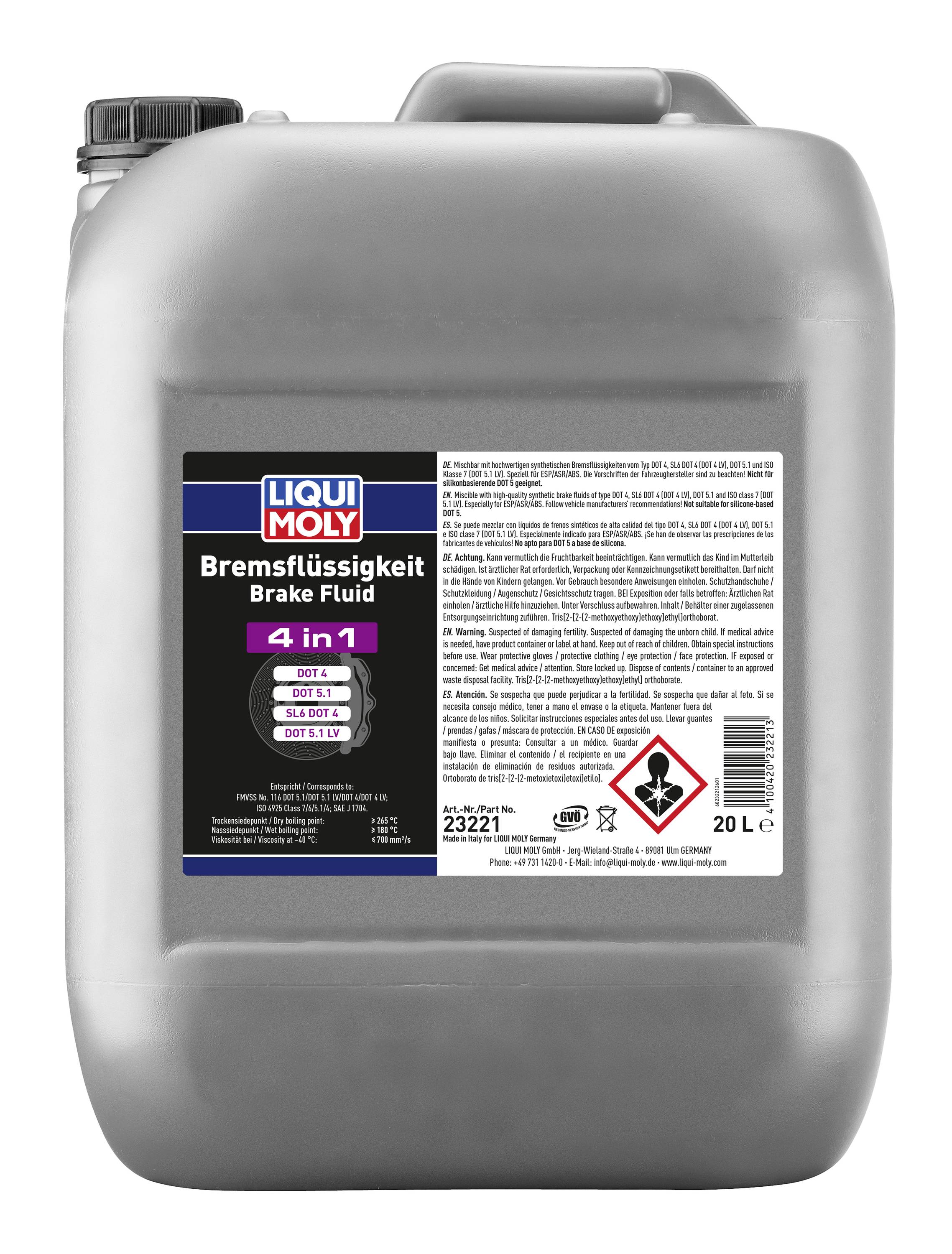 Silber 20-Liter LIQUI MOLY Behälter für Bremsflüssigkeit mit der Bezeichnung „Bremsflüssigkeit Brake Fluid 4 in 1" und Gefahrenwarnsymbol.