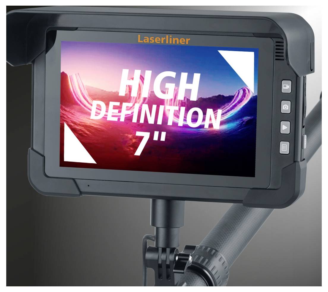 Laserliner 7-Zoll-Hochauflösungsmonitor auf einem Ständer montiert, der eine farbenfrohe Werbeanzeige auf seinem Bildschirm anzeigt.