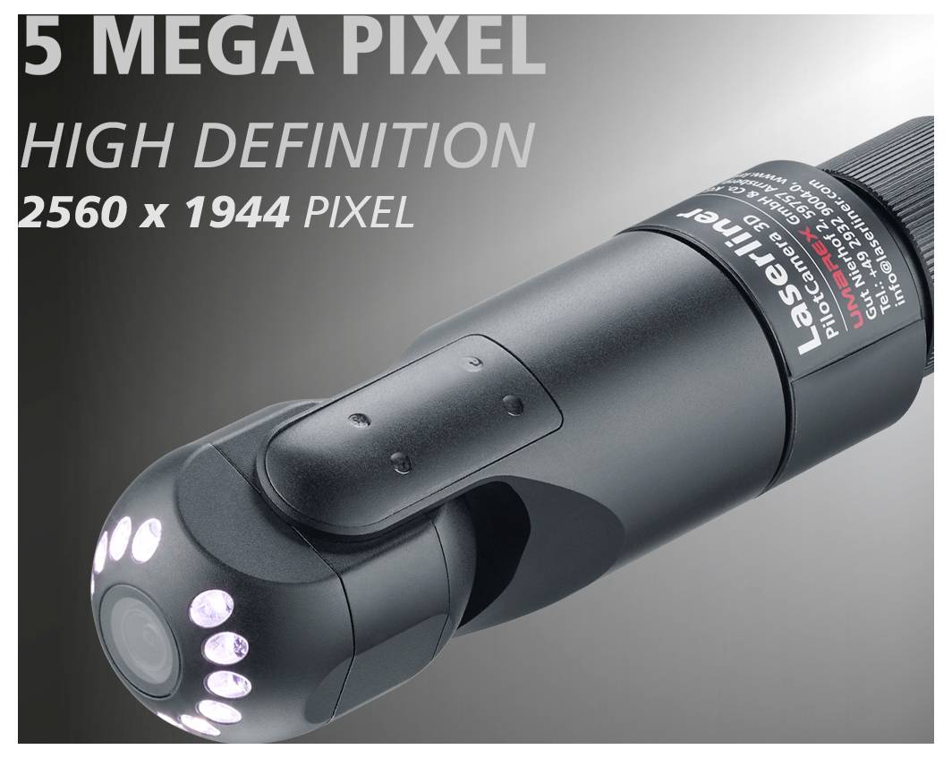 Schwarzes Laser-Borescope-Kamera mit LED-Ringlichtern, gekennzeichnet mit „5 MEGAPIXEL" und „HOCHAUFLÖSUNG 2560 x 1944 PIXEL".
