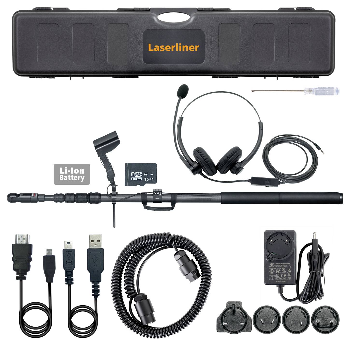 Laserliner Inspektionskamera-Set mit Hartkoffer, Sonde, Kopfhörer, Li-Ionen-Akku, Speicherkarte, Kabel, Spiralverlängerung, Ladegerät und Objektivaufsätze.