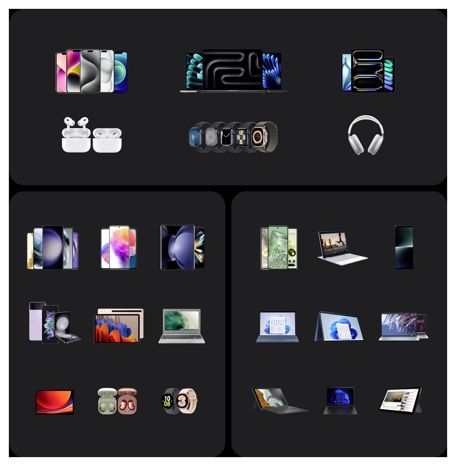 Collage aus Apple-Geräten und Zubehör: iPhone-Modelle, MacBook-Laptops, Apple Watch-Armbänder, AirPods und Kopfhörer auf dunklem Hintergrund.