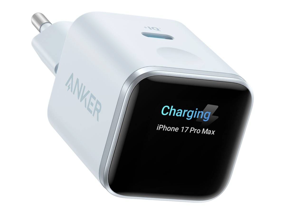 Weißes Anker USB-C Wandladegerät mit Display, das „Wird geladen" für iPhone 17 Pro Max anzeigt.