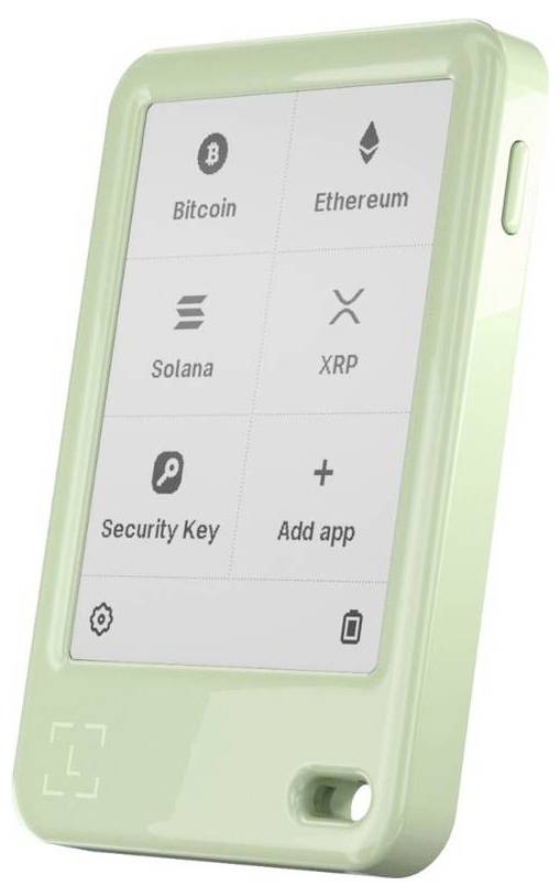 Grüner Hardware-Crypto-Wallet-Bildschirm mit App-Kacheln für Bitcoin, Ethereum, Solana, XRP, Security Key und App hinzufügen.