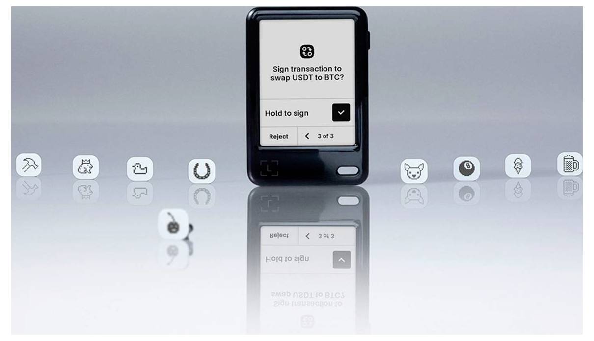 Ein Hardware-Wallet-Bildschirm zeigt die Meldung "Transaktion signieren, um USDT gegen BTC zu tauschen?" mit den Optionen zum Halten zum Signieren oder Ablehnen an.