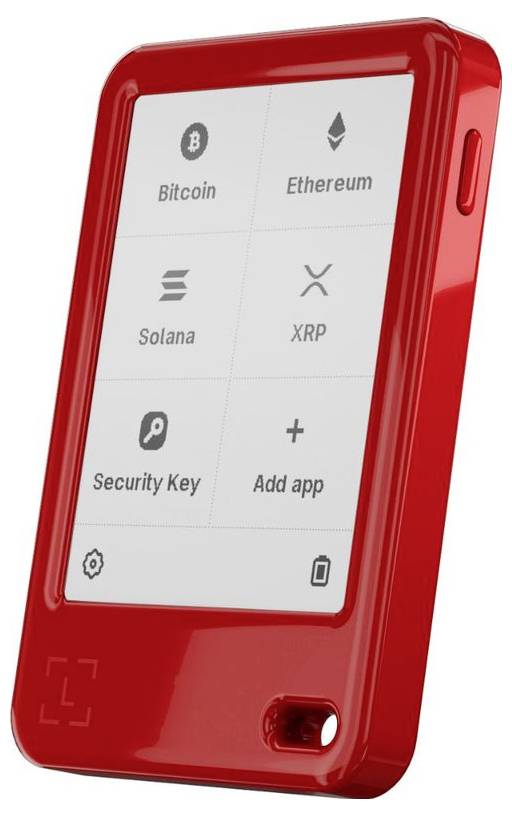 Rotes Hardware-Krypto-Wallet mit Touchscreen-Menü für Bitcoin, Ethereum, Solana, XRP, Sicherheitsschlüssel und App hinzufügen.