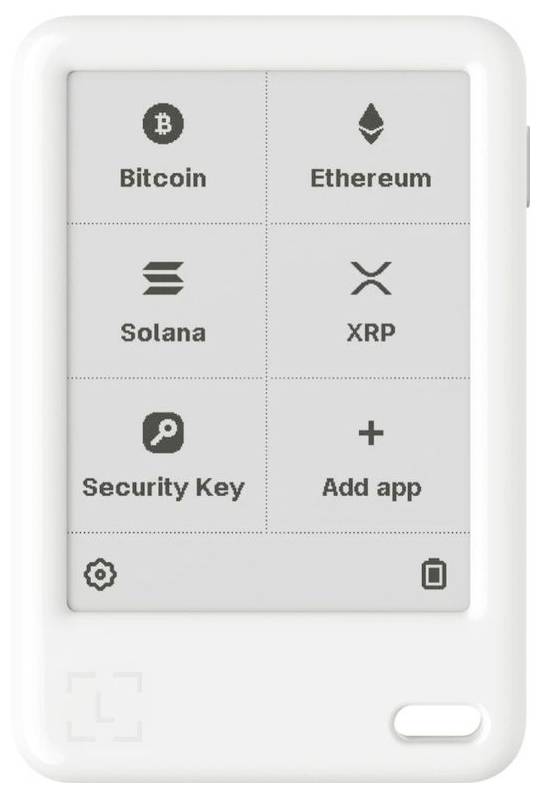 Ein Hardware-Kryptowährungs-Wallet-Bildschirm mit App-Kacheln für Bitcoin, Ethereum, Solana, XRP, Sicherheitsschlüssel und App hinzufügen, mit Einstellungen- und Sperrsymbolen.