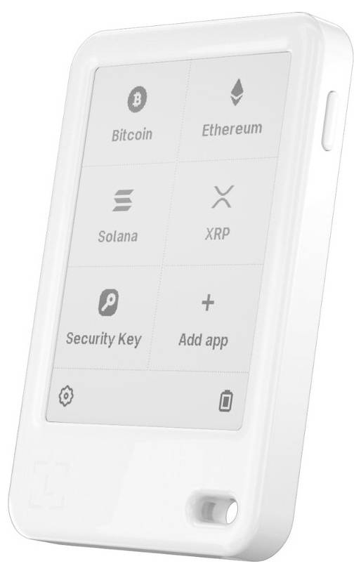 Weiße Hardware-Krypto-Geldbörse zeigt App-Kacheln für Bitcoin, Ethereum, Solana, XRP, Sicherheitsschlüssel und App hinzufügen auf ihrem Bildschirm.