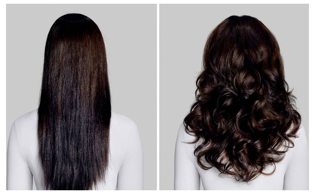 Nebeneinander dargestellte Haartransformation: Links sieht man lange, glatte dunkle Haare; rechts zeigt sich dasselbe Haar in voluminöse, wellige Locken gestylt.