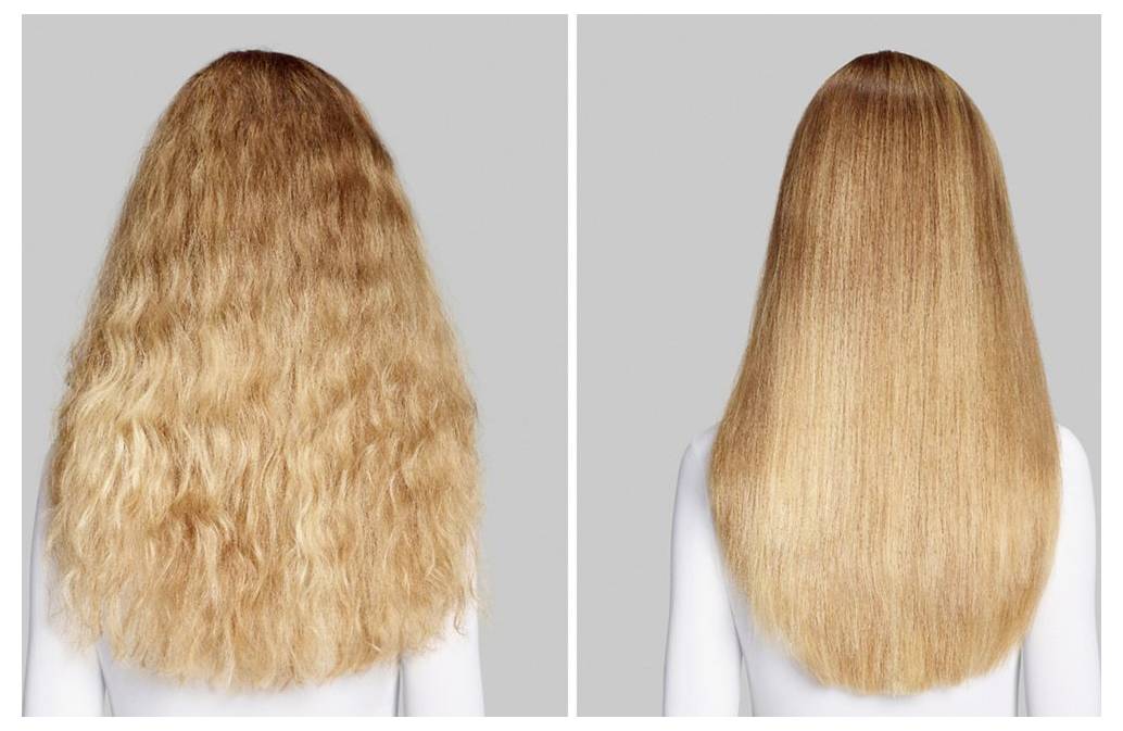 Seitenansicht von hinten des Haares vor und nach der Behandlung: Krauses, welliges blondes Haar wird glatt, glänzend und seidenartig.