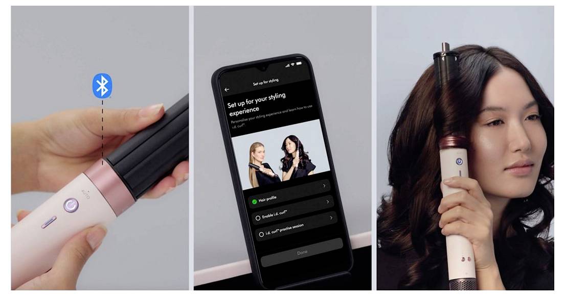 Dreipanel-Anzeige, die ein kabelloses Haarstyling-Gerät mit Bluetooth-Kopplung zeigt: eine Hand drückt den Knopf, ein Smartphone-App-Einrichtungsbildschirm und eine Frau, die das Gerät an ihrem Haar verwendet.