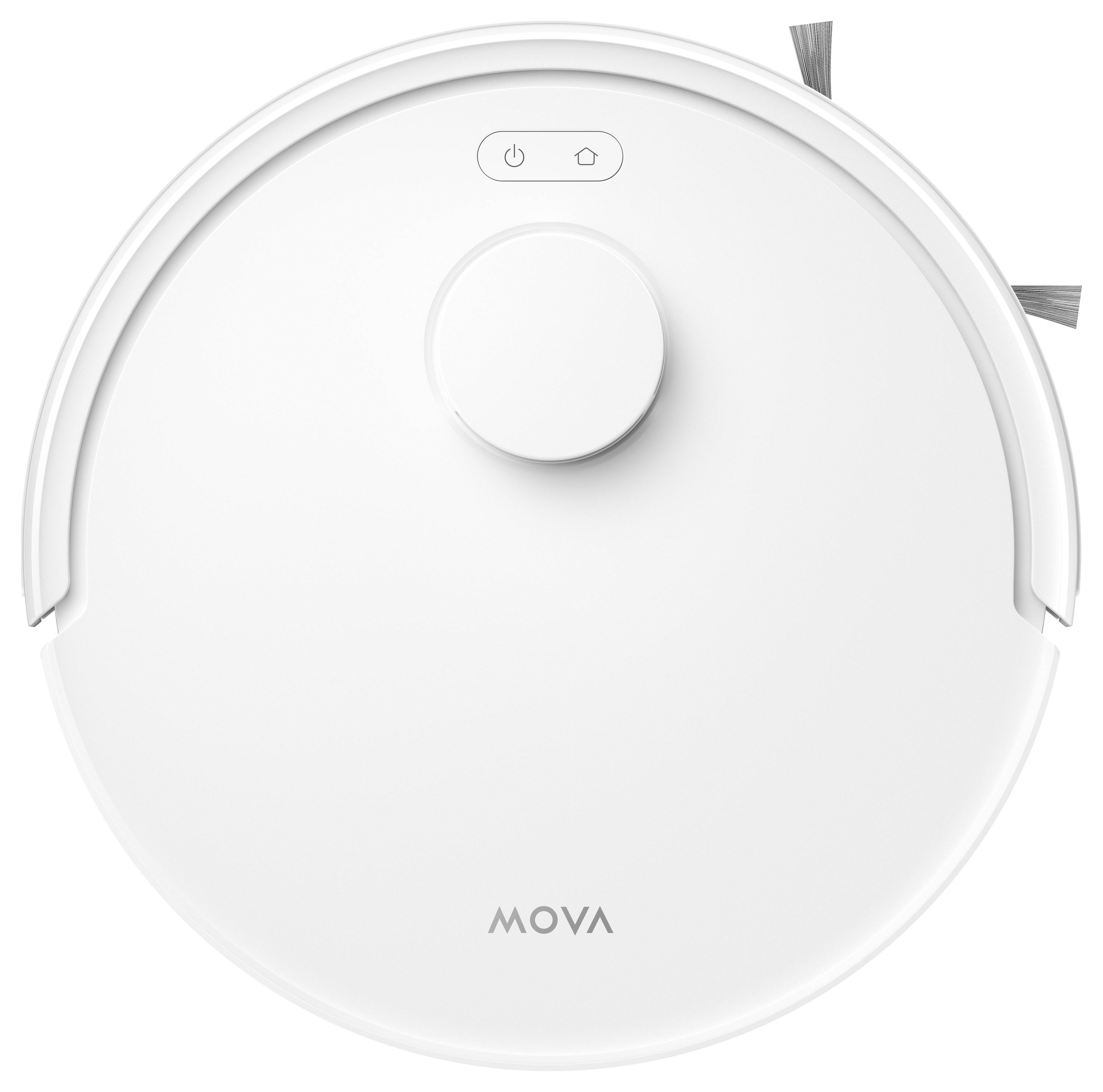 Weißer runder Roboter-Staubsauger mit Bedienelenten oben und "MOVA"-Logo.