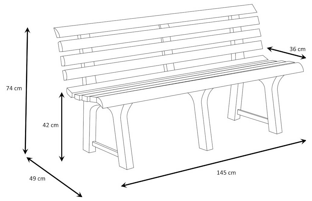 Diagramm einer Latten-Sitzbank mit beschrifteten Maßen: 145 cm lang, 74 cm hoch, 42 cm Sitzhöhe und 49 cm tief, 36 cm Rückenlehnen-Tiefe.