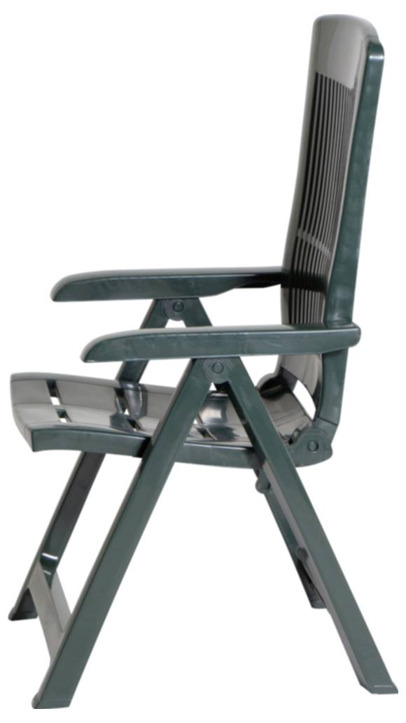 Ein dunkelgrüner Klappliegesessel in Seitenansicht auf weißem Hintergrund.