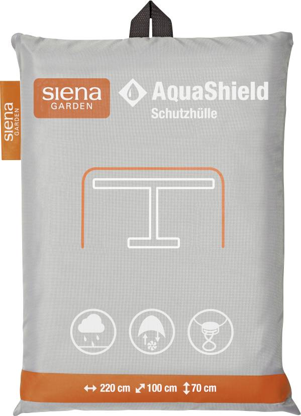 Grauer Siena Garden AquaShield Schutzsack mit Griff, beschriftet mit „220 cm x 100 cm x 70 cm", mit Tabellensymbol und Wetterschutzsymbolen.