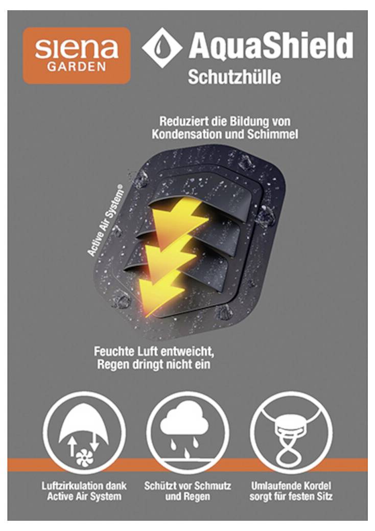 Produktpaket für Siena Garden AquaShield Schutzülle, mit einer belüfteten Abdeckung, die Kondensation und Schimmelbildung reduziert, Regen abhält und Luftzirkulation sowie einen sicheren Sitz unterstützt.