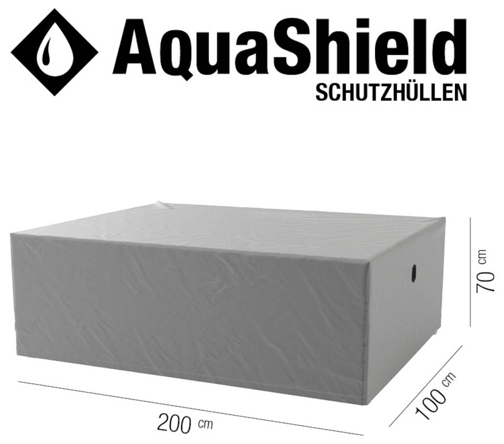 Aquashield Schutzhüllen Abdeckung für ein rechteckiges Objekt, dargestellt in Grau mit Abmessungen 200 cm x 100 cm x 70 cm.