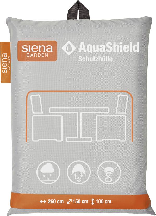 Grauer Siena Garden AquaShield Schutzhüllensack mit orangem Logo, Strichzeichnung eines Tisches und Stühlen sowie Größe 260 x 150 x 100 cm.