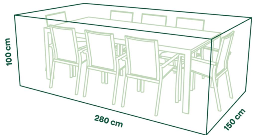 Diagramm eines Esstisches mit acht Stühlen in einer transparenten Box mit den Abmessungen: 280 cm lang, 150 cm breit und 100 cm hoch.