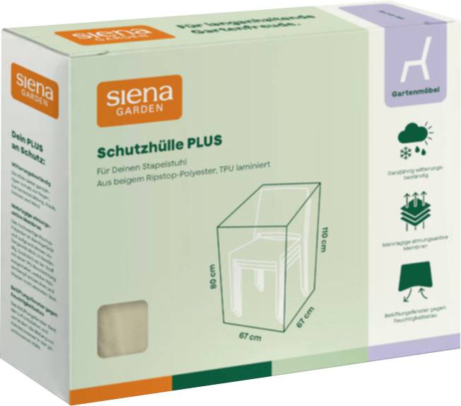 Produktverpackung für Siena Garden 'Schutzhülle PLUS' Stuhlschutzhülle, zeigt eine Schutzabdeckung für stapelbare Stühle mit den Maßen 67 x 67 x 80 cm.