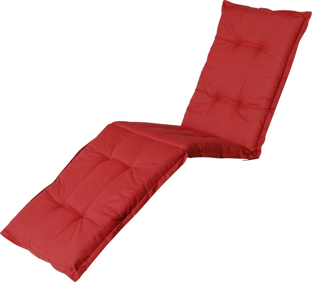 Rote gepolsterte Chaiselongue mit verstellbarer eingeklappter Rückenlehne auf weißem Hintergrund.