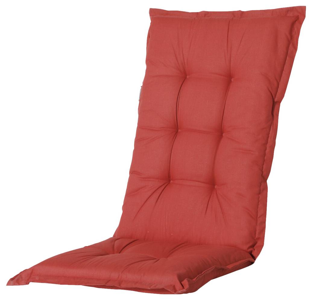 Rotes gepolstertes Sitzkissen mit hoher Rückenlehne und gebundenem Bodensitz, vor weißem Hintergrund gezeigt.