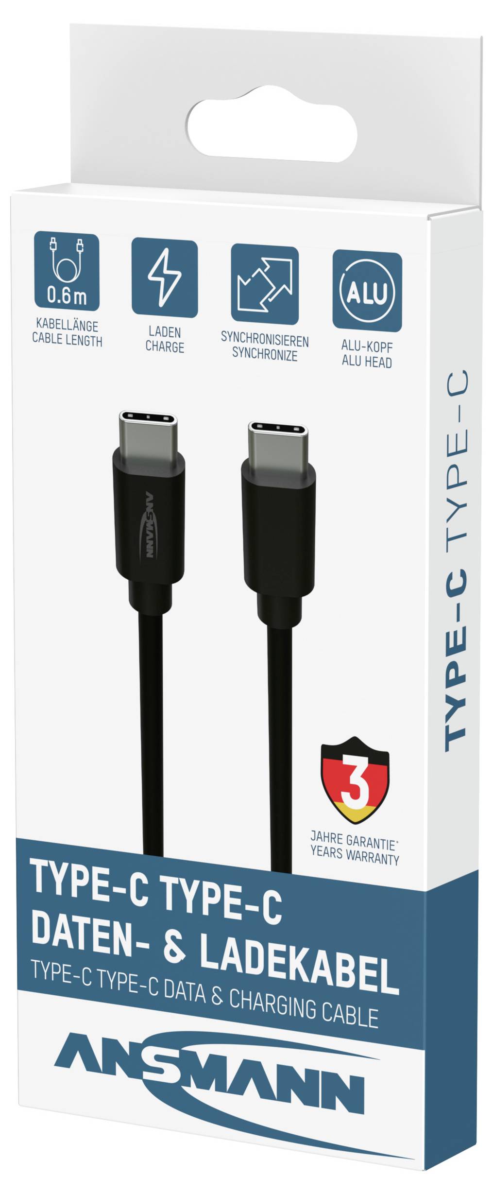 Ansmann USB-C auf USB-C Daten- und Ladekabel-Verpackung mit zwei schwarzen USB-C-Steckern und Symbolen für 0,6 m Kabellänge, Schnellladen, Synchronisierung und universelle Kompatibilität.