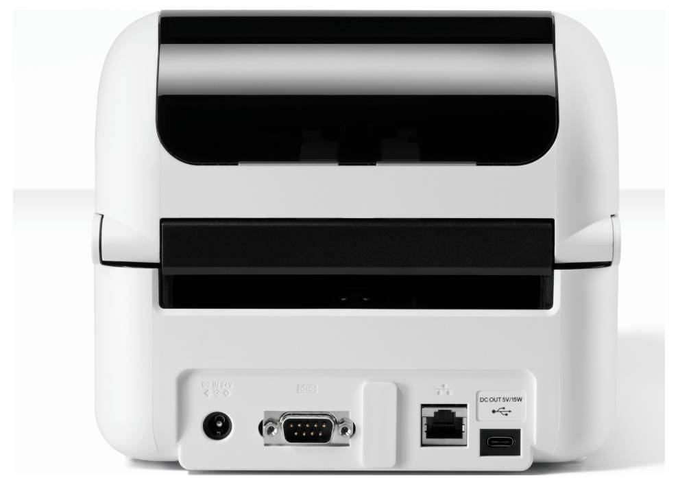 Rückansicht eines weißen Druckers mit Power-, Seri-, Ethernet- und USB-Anschlüssen auf der unteren Abdeckung.