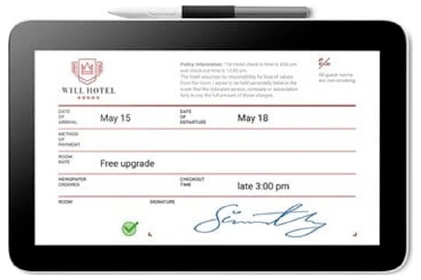 Tablet-Bildschirm mit einer Buchungsbestätigung der Will Hotel Group mit den Daten vom 15. Mai bis 18. Mai, einem kostenlosen Upgrade, spätem Checkout um 15:00 Uhr und einer Unterschrift.