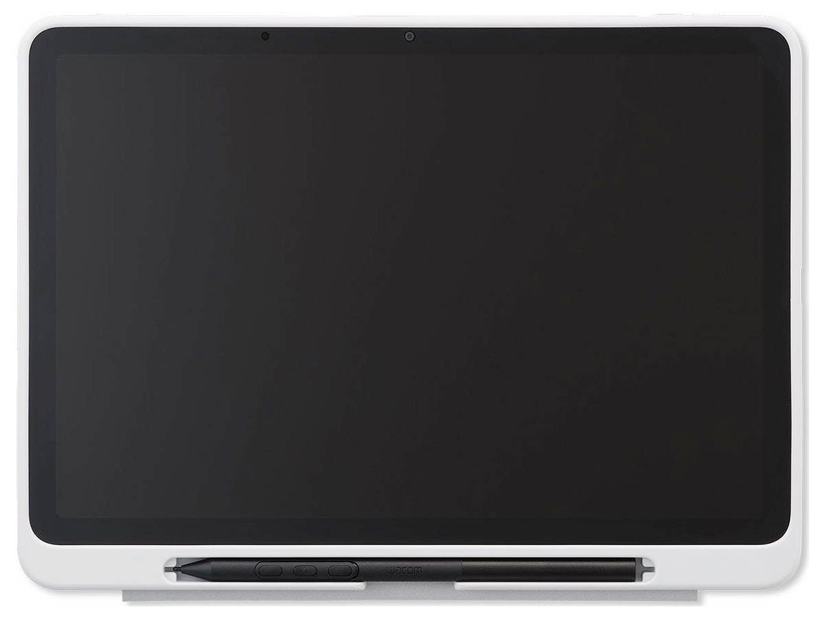 Ein leeres Whiteboard oder Tablet mit silbernem Rahmen und einem Stift, der in der Ablage ruht.