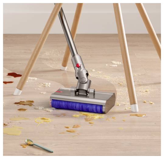 Kabelloses Staubsauger-Kopfteil reinigt verschüttete Lebensmittel und Flüssigkeit unter einem Tisch auf einem Holzboden.