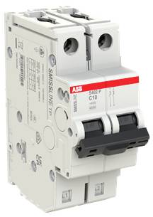 ABB Zweipolschalter mit schwarzem Kippschalter, gekennzeichnet mit C10, auf weißem Hintergrund dargestellt.