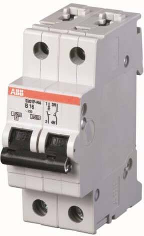Zweipoliger ABB B16 Miniatur-Schutzschalter mit schwarzen Kippschaltern und Klemmenöffnungen, dargestellt auf weißem Hintergrund.