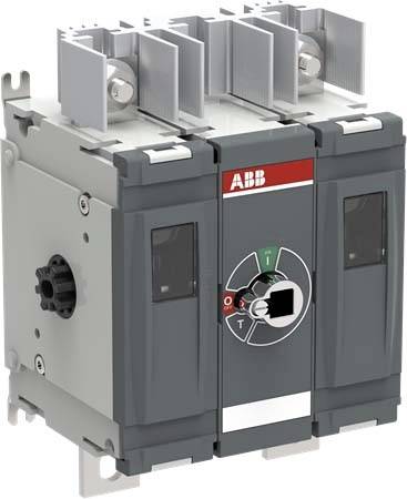 ABB-Leistungsschalter mit drei schwarzen Schaltermodulen und oberen Metallklemmen, dargestellt auf weißem Hintergrund.