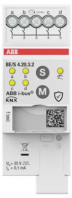 ABB i-bus KNX Modulfrontsicht mit Anschlüssen mit den Bezeichnungen a–d und Nummern 1–5, Statusanzeigen-LEDs, S- und M-Tasten, QR-Code und technische Markierungen.