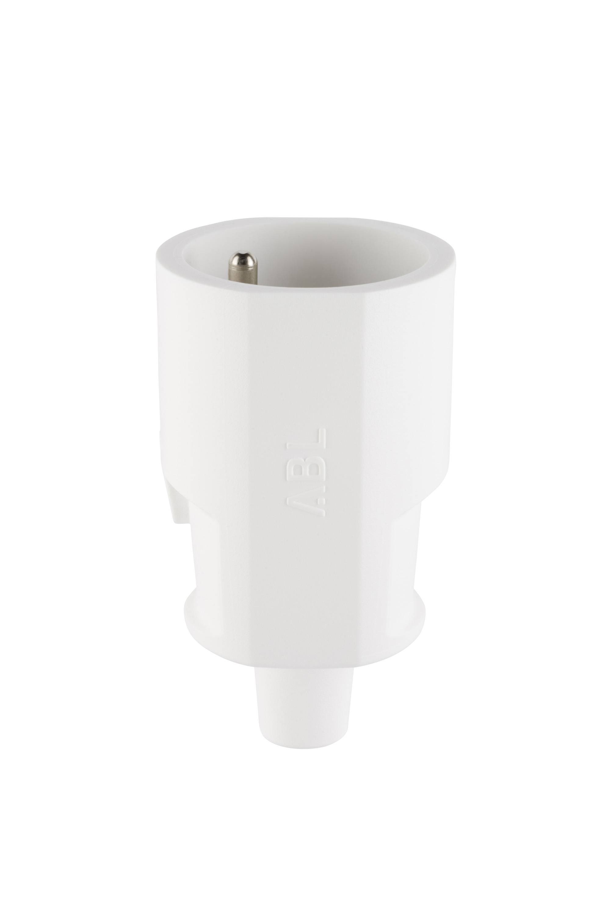 Weißer zylindrischer Elektrostecker-Adapter mit einer einzelnen sichtbaren Metallzacke in der oberen Öffnung, dargestellt auf einem schlichten weißen Hintergrund.