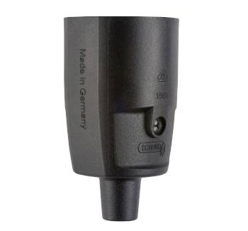 Schwarzer Schuko-Steckeradapter mit "Made in Germany" auf der Seite gedruckt.