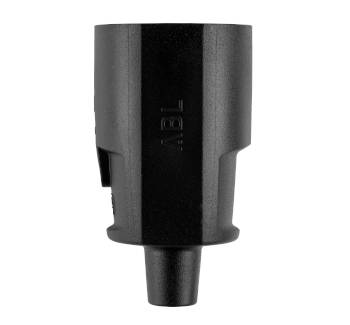 Schwarzer zylindrischer Stecker oder Adapter mit konisch zulaufender unterer Spitze, dargestellt auf einem einfachen weißen Hintergrund.