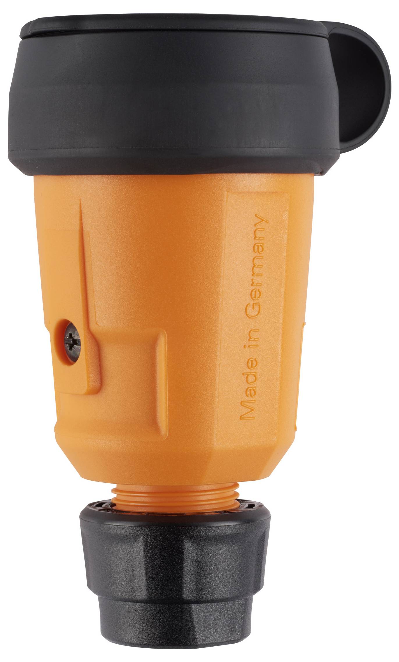 Orange-schwarzer Elektrostecker-Adapter mit Schutzkappe, auf weißem Hintergrund dargestellt; „Made in Germany" ist auf dem Körper aufgedruckt.