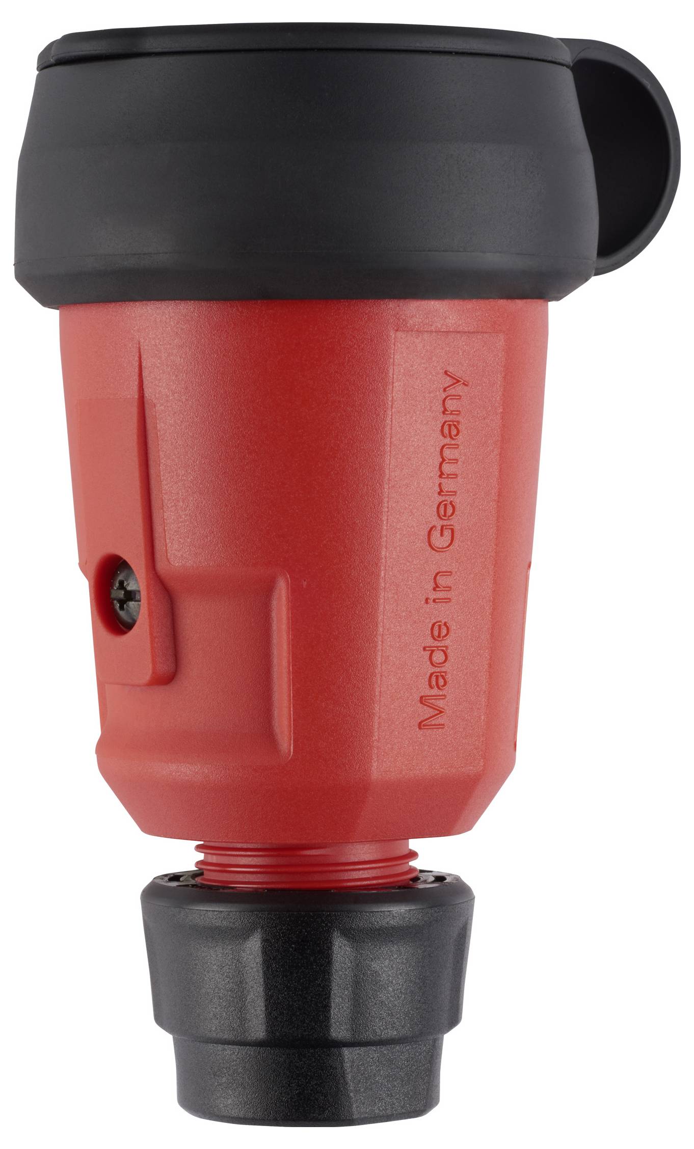Roter und schwarzer Elektrostecker-Adapter oder Verbinder auf weißem Hintergrund dargestellt, mit "Made in Germany" auf dem roten Körper gedruckt.