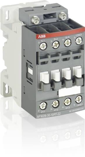 ABB-Schütz mit grauem Gehäuse, rotem Logo-Etikett, Schraubklemmen und drei weiß/schwarzen Betätigungshebeln auf weißem Hintergrund