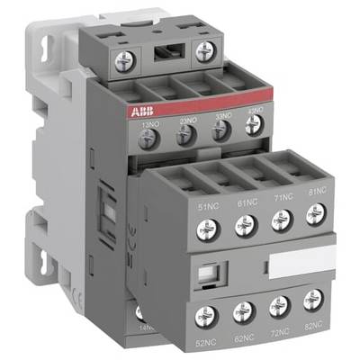 Grauer ABB-Elektroschalter mit mehreren Schraubklemmen und beschrifteten Kontakten, dargestellt in einem produktstilisierten Bild auf weißem Hintergrund.