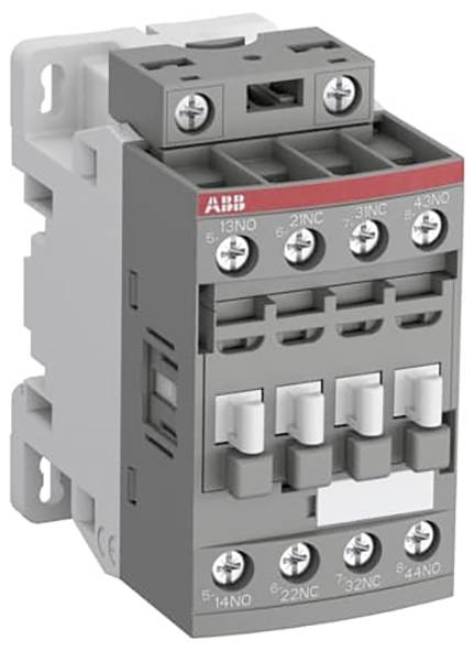 Graues ABB-Elektrikschütz-Modul mit mehreren Schraubklemmen und weißen Drucktasten, dargestellt in einer Produktansicht.
