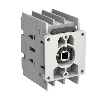 Graues Elektroschaltermodul mit quadratischer Frontöffnung und zentraler Rotations-/Antriebswelle, in 3D auf weißem Hintergrund dargestellt.