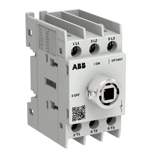 ABB OT16G1 Drehtrennschalter mit EIN/AUS-Markierungen, Anschlussbezeichnungen und QR-Code auf einem grauen Industriemodul.