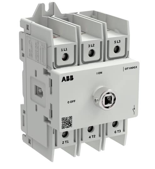 ABB OT100G3 dreipoliger Schalttrenner mit vorderseitigem EIN/AUS-Hebel und beschrifteten Anschlüssen.