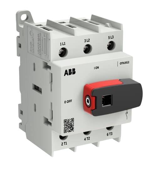 ABB OT63G2 dreipoliger Trennschalter mit rot-schwarzem Drehgriff, beschriftet mit EIN/AUS und Klemmmarkierungen auf weißem Hintergrund.