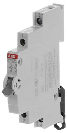 DIN-Schienen-Elektromodul mit ABB-Etikett und nummerierte Klemmen 1, 2 und 3, dargestellt in einer produktstilisierten Seitenansicht auf weißem Hintergrund.