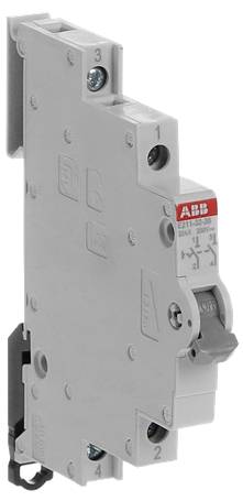 Grauer ABB-Elektroschutzschalter mit grauem Hebel und rotem Etikett, dargestellt in einer Seitenansicht auf weißem Hintergrund.