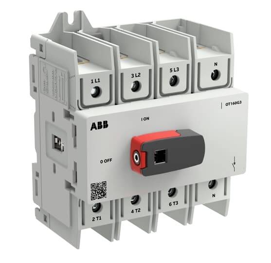 ABB Dreipoliger Schalttrenner mit rot-schwarzem EIN/AUS-Griff und Anschlussbezeichnungen auf einem weißen Industriegerät.