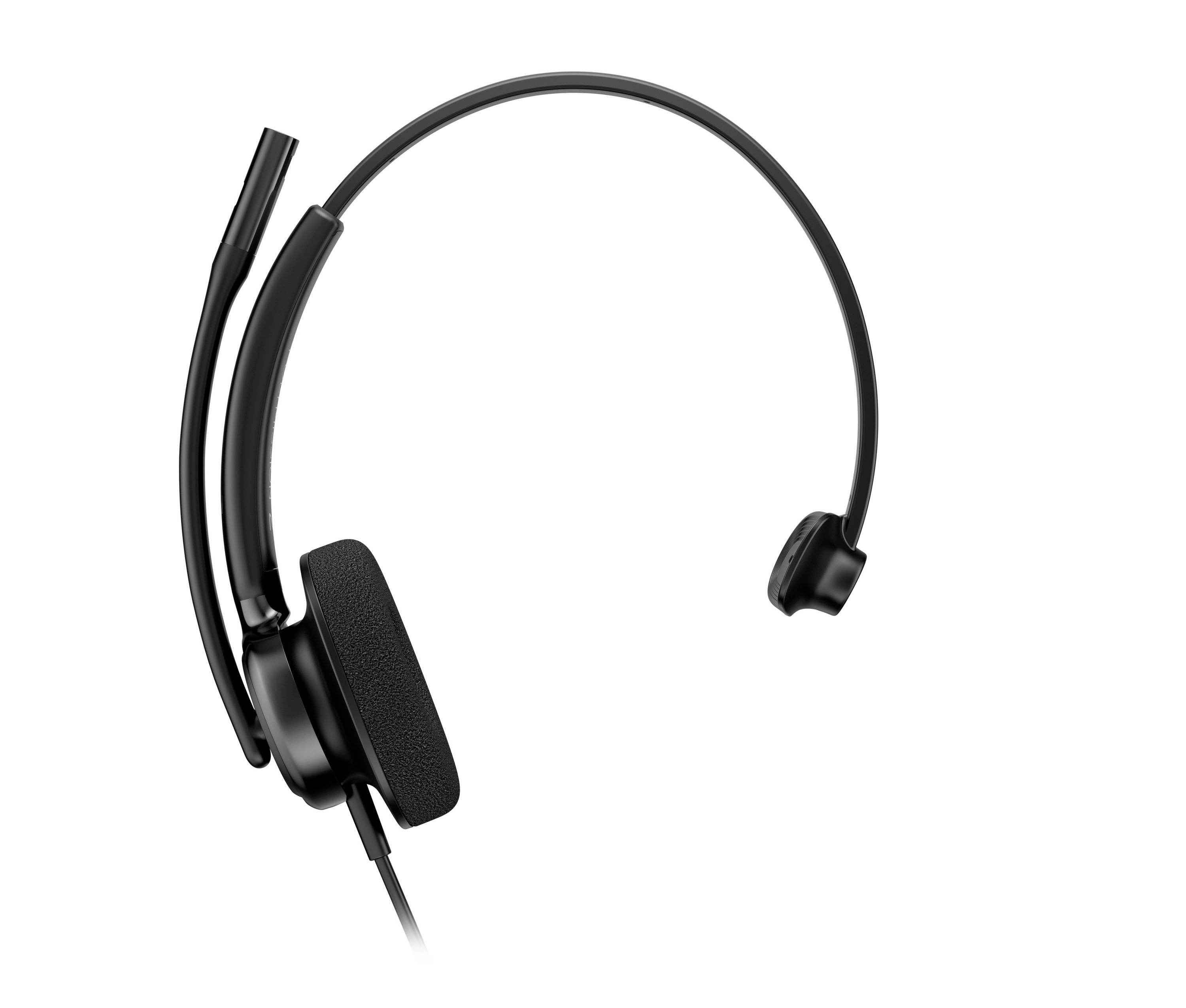 Schwarzes Over-Ear-Headset mit Boom-Mikrofon auf weißem Hintergrund.